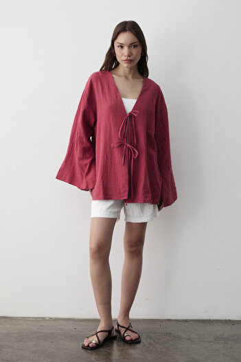 JASTE Women's Cherry Bat Sleeve Double Tie Kimono 100% Cotton