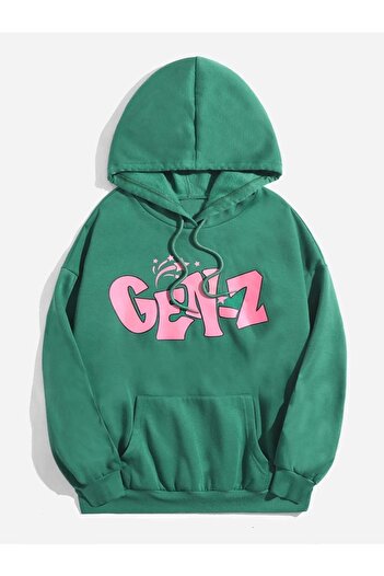CLAYES Πράσινο φούτερ με κουκούλα Oversize - Gen-z Printed