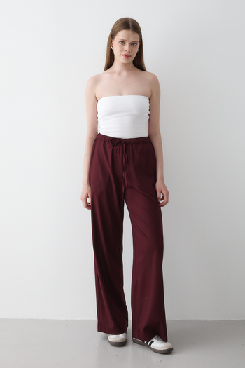 JASTE Women's Burgundy Elastic Waist Wide Leg Palazzo Trousers