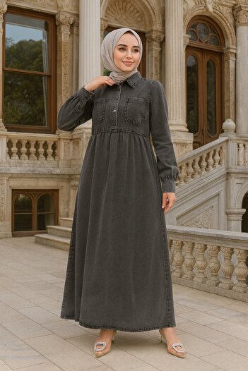 N.S NEVA STYLE Pocket Detailed Anthracite Hijab Denim Dress 19150Ant
