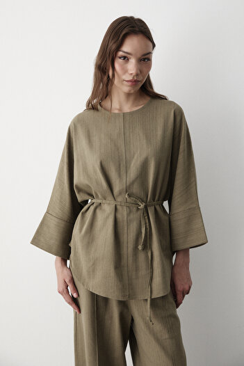 JASTE Women's Khaki Linen Oversize Top Blouse & Elastic Wide Leg Pants Bottom & Top Set