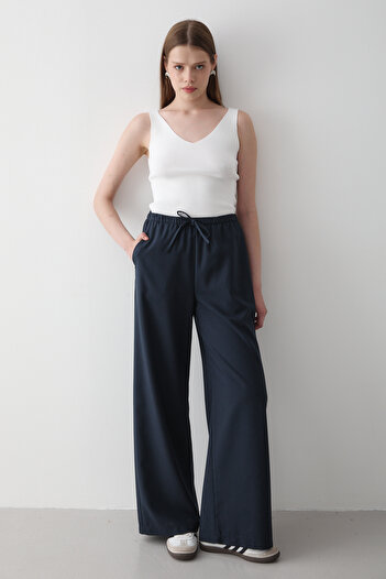 JASTE Women's Navy Blue Elastic Waist Wide Leg Palazzo Trousers