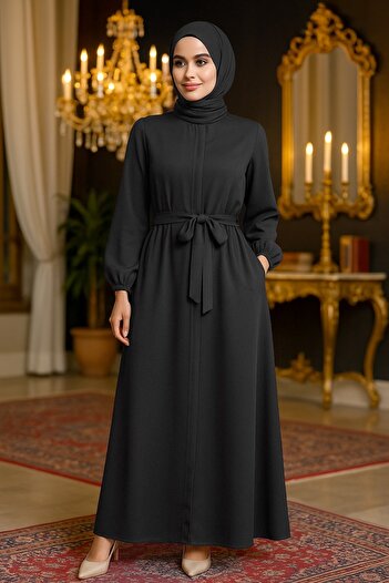 Neva Style Belted Black Hijab Ferace 62601S