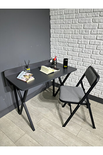 hey modüler mobilya Buse Çalışma Masası Ofis Bilgisayar Masası + Katlanır Sandalyeli 103 cm Metal Siyah Ayak