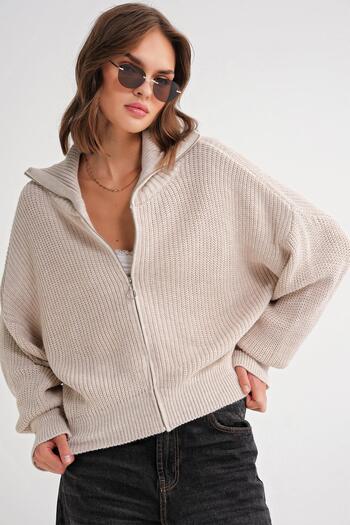 Mixray 6919 Women's Zippered Turtleneck Sweater Cardigan Stone
