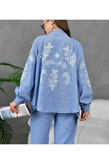 By-esq Women's Stone Embroidered Embroidered Cotton Kimono Pants Double Suit