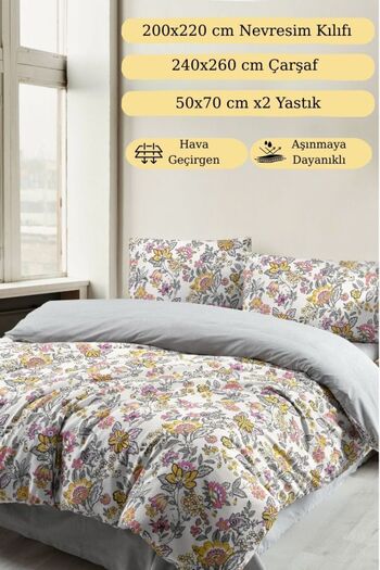MODALİN Double Duvet Cover Set 4 Pieces - Colorfast Color Flora Bouquet Pattern - 200X220