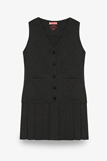 Quzu Button Front V Neck Pleated Mini Dress Anthracite