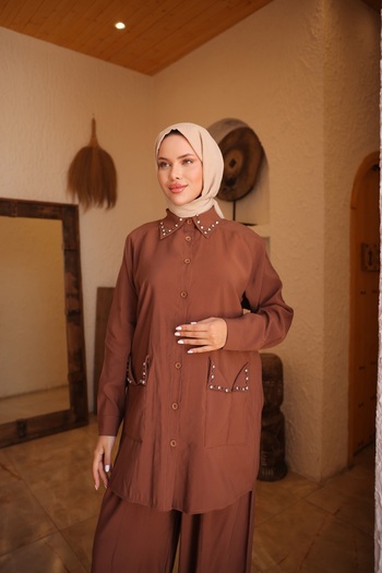 MİMİ Luxury Wear Γυναικεία Φούτερ & Σετ Hijab, Παντελόνι πουκάμισο με κουμπιά με μακρύ κοστούμι