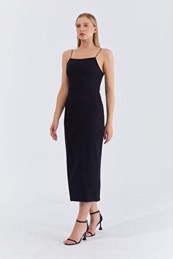 VAGGON Women's Black Strappy Lace-Up Detailed Patterned Midi Length Dress Vs00425