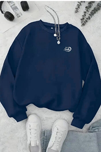 CLAYES Unisex Navy Blue MINI SMILE Φούτερ με στάμπα με λαιμόκοψη - Χειμερινό ύφασμα με ανοιχτόχρωμο ύφασμα