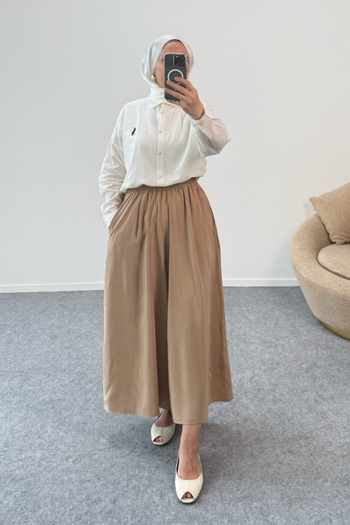 Hatun Atila Wide Leg Modal Skirted Trousers with Elastic Waist 8809 - Biscuit