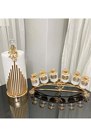 AZADE BAKIR Gold Rice Japongul 6-Pack Porcelain Spice Bowl, Stick Roller and Square Spoon