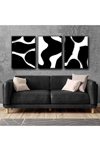 Harikabirev Black - White Abstract Models Painting 3 | 3-Piece Vertical Frameless Canvas Painting Çsdkyknvs