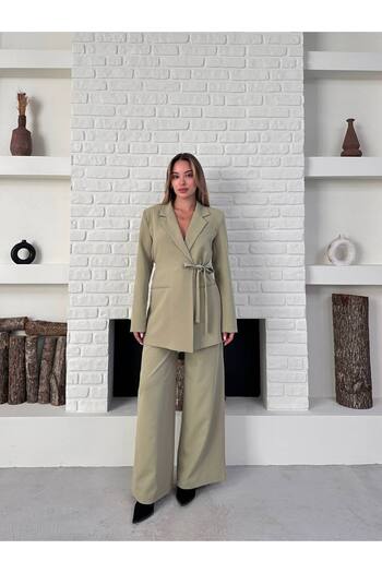 ZF BUTİK Women's Double Belted Blazer Jacket Pants Set