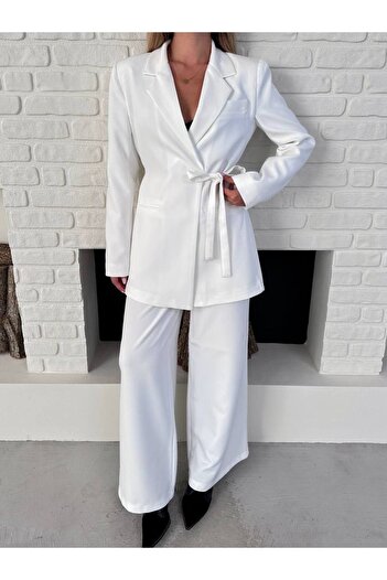 ZF BUTİK Women's Double Belted Blazer Jacket Pants Set