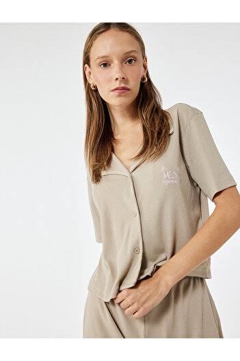 Koton Shirt Collar Short Sleeve Embroidered Shorts Pajama Set