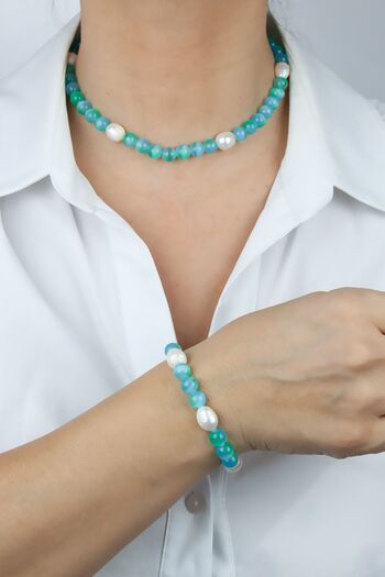 Liveyn Design Real Pearl and Aqua Marin Natural Stone Necklace Bracelet Set