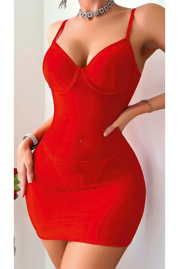SiaLess Lingerie Red Nightgown Metal Ring Back Satin String Tie Women's Nightgown