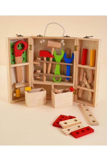 Fab N Funky Wooden Tool Box Carrycase Pretend Role Play Toy, 3 Years+, 31 x 21 x 8 cm, Multicolor - 35 Pieces