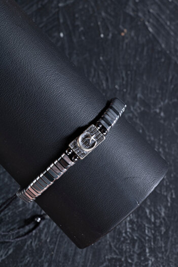 OSMANLI DOĞAL TAŞ Certified Moon Star Silver Apparatus Hematite Natural Stone Macrame Bracelet