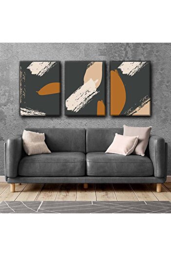 Harikabirev Gray - White Brown Models Table | 3-Piece Vertical Frameless Canvas Painting Çsdkyknvs