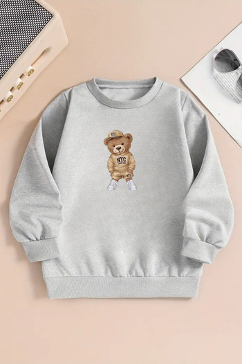 Sweetline Unisex Nyc Teddy Bear Printed Gray Crew Neck Sweatshirt-Winter Embossed Fabric