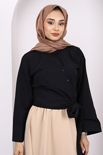 İmajButik Black Waist Tie Crop Shirt