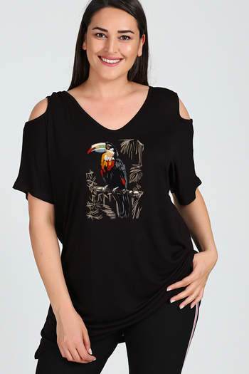 Curvy Trend Plus Size Tukan Printed Shoulder V Window Short Sleeve Blouse