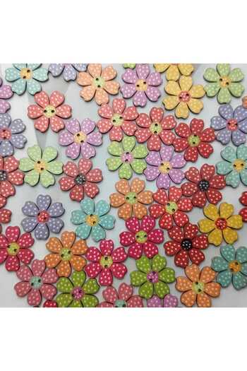 beyna aksesuar Wooden Painted Flower 2 cm Two Hole Mixed Color Button 1 Pack 6 Pieces