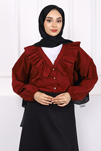 İmajButik Burgundy Collar Ruffled Button Shirt