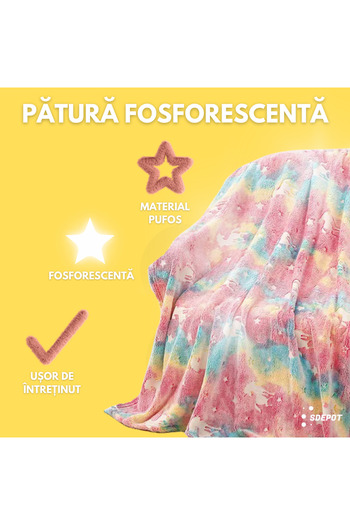 SDEPOT SDEPOT phosphorescent blanket, soft material, glows in the dark, pastel with unicorns