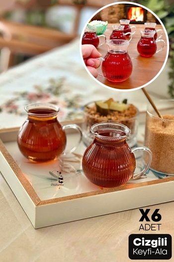 Tilbe Home Set of 6 Striped Enjoyable Ala Borosilicate Glass Cups Heat Resistant Tea Cup Set with Handles