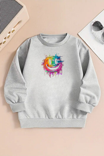 CLAYES Unisex Colorful Smiling Face Printed Gray Crew Neck Sweatshirt-Winter Hooded Fabric