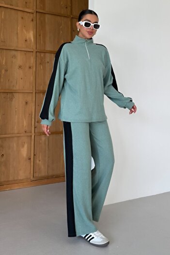 MODAGEN Women's Mint Green Stand Collar Half Zipper Thick Line Detailed Bottom-Top Set