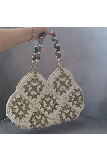 Mreydis Hand Knitted Raffia Bag – Motif Square Pattern – Tote – Ecru Shoulder Bag – Bohemian – Summer – Handmade