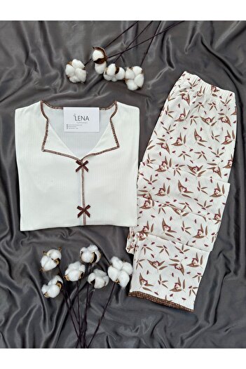 Lena Homewears Ecru Leaf Patterned Bow Detailed Pajama Set