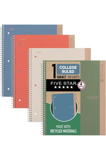 STOREMAX Snshop Star Spiral Notebooks + Study Practice, Recycled Cover, 4-Pack,