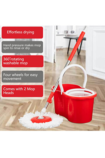 Fumes Spin mop and bucket set with 2 microfiber heads and 360 degree rotating handle for floor cleaning