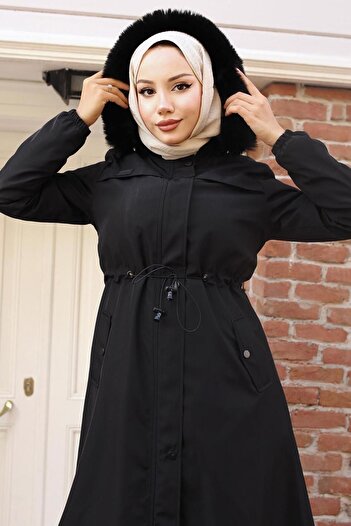 TRENDTESETTÜR Women's Black Hooded Fur Coat t 3501