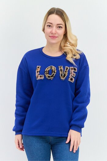 Buzz Women Crew Neck Embellished Sweater, Blue