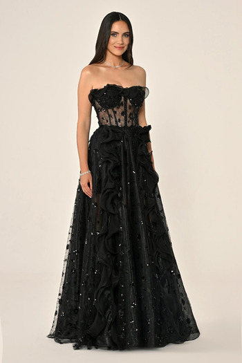 ALFABETA Strapless Corset Transparent Waist Tulle Long Dress