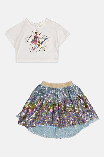 Miss Toddlers Girl 2 Piece Embellished Short Sleeve Top And Skirt, Multicolor