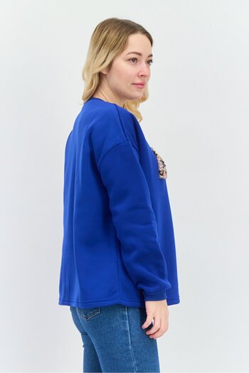 Buzz Women Crew Neck Embellished Sweater, Blue