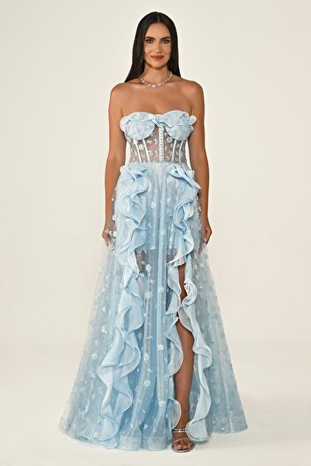 ALFABETA Strapless Corset Transparent Waist Tulle Long Dress