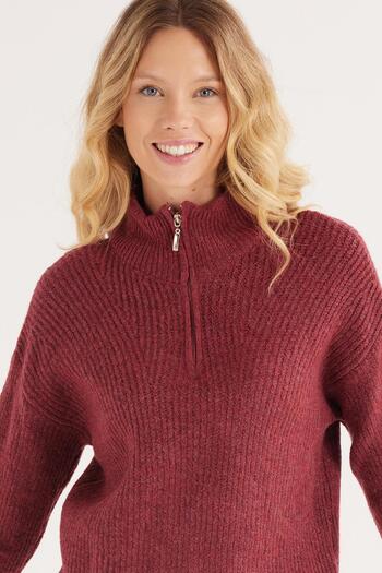 Tudors Women's Oversize Wide Cut Woven Zipper Collar Dusty Rose Sweater