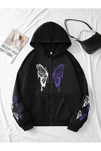 Touz Moda Butterfly Printed Oversize Zippered Black Unisex Hooded Cardigan