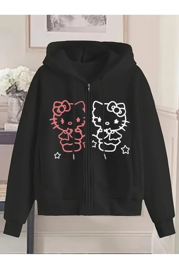 Touz Moda Kitty Printed Oversize Zippered Black Unisex Hooded Cardigan