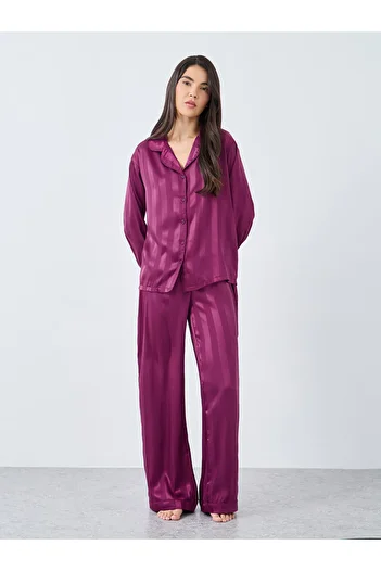 Styli Satin Jacquard Striped Piped Shirt and Pyjama Set