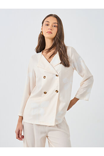 Styli Cream Floral Print Collared Shirt and Trouser Modest Set